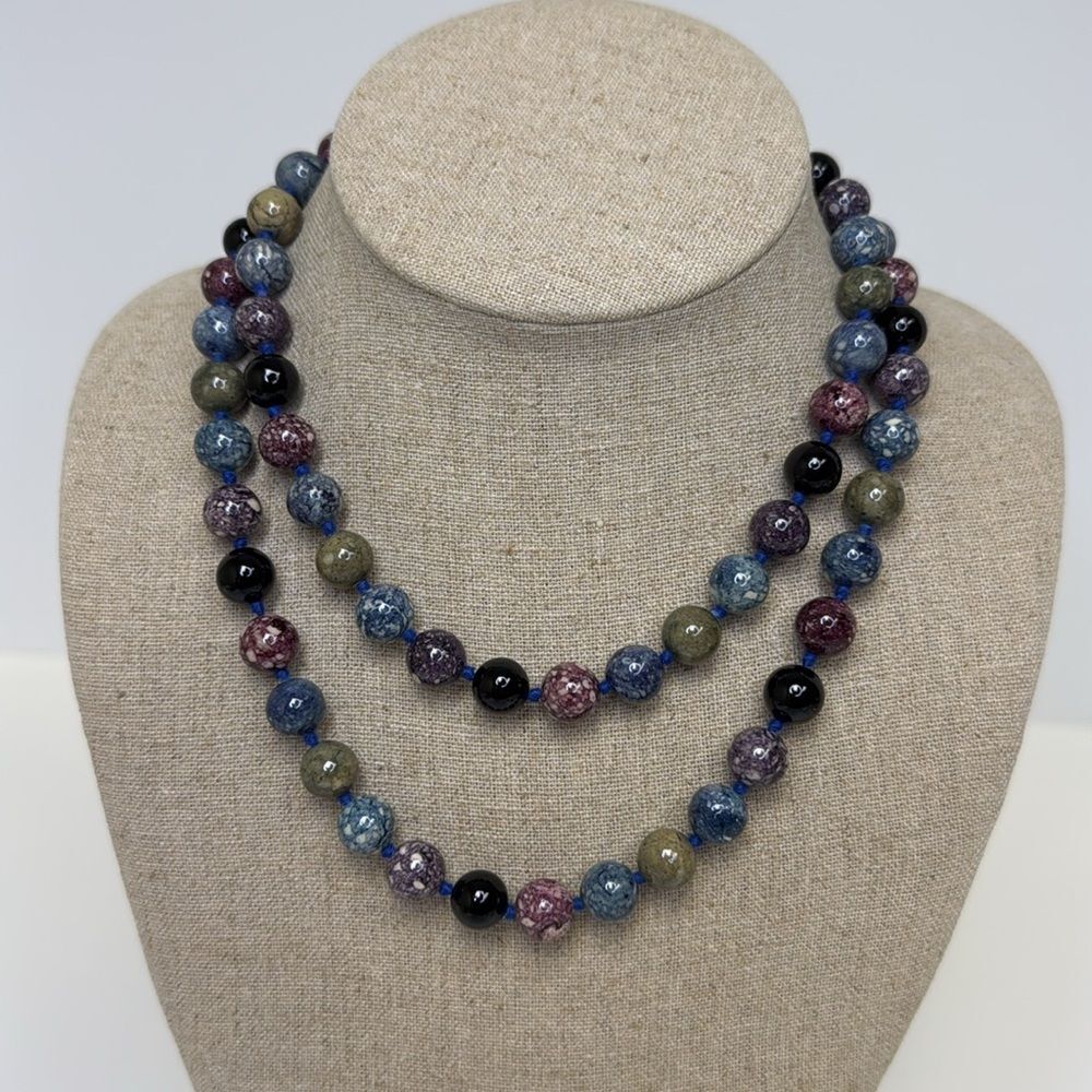 Dyed Agate Hand Knotted Blue Green Purple Gemstone Necklace 33”
